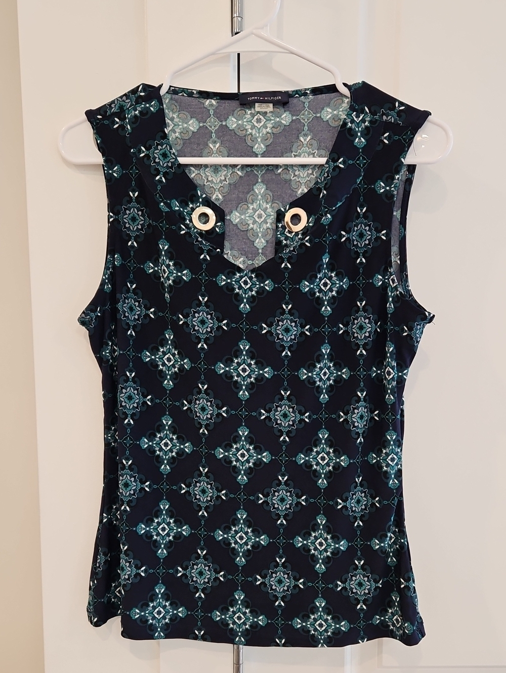 Tommy Hilfiger Navy & Teal Sleeveless V-Neck Tank with Grommet Detail